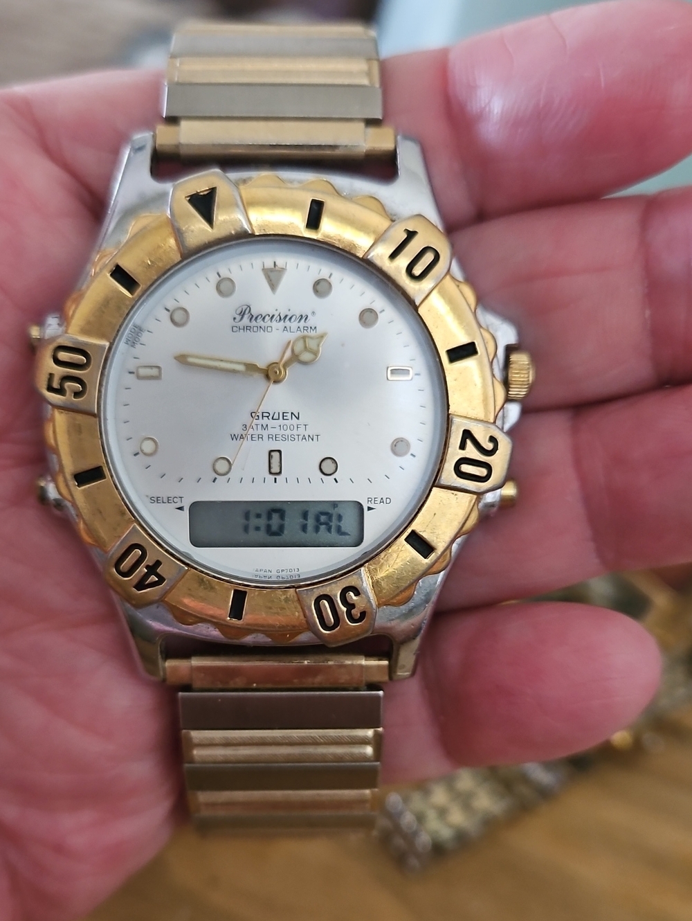 Precision Two-Tone Chrono-Alarm Watch ANI-DIGI- Gold & Silver